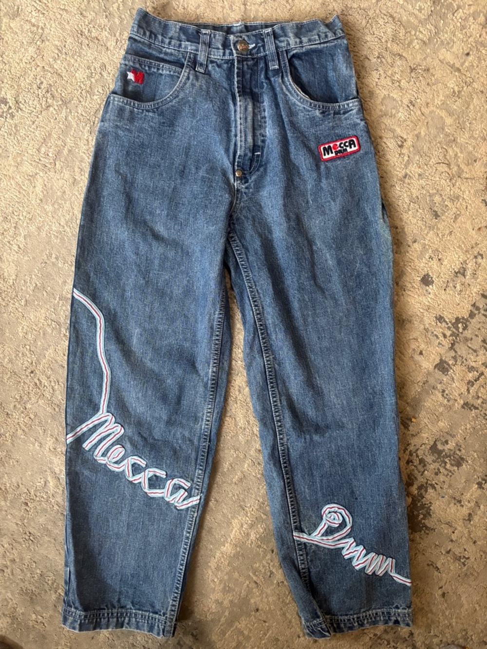 VINTAGE MECCA  Denim Men's Blue Jeans with Embroidered Script 10-12 size